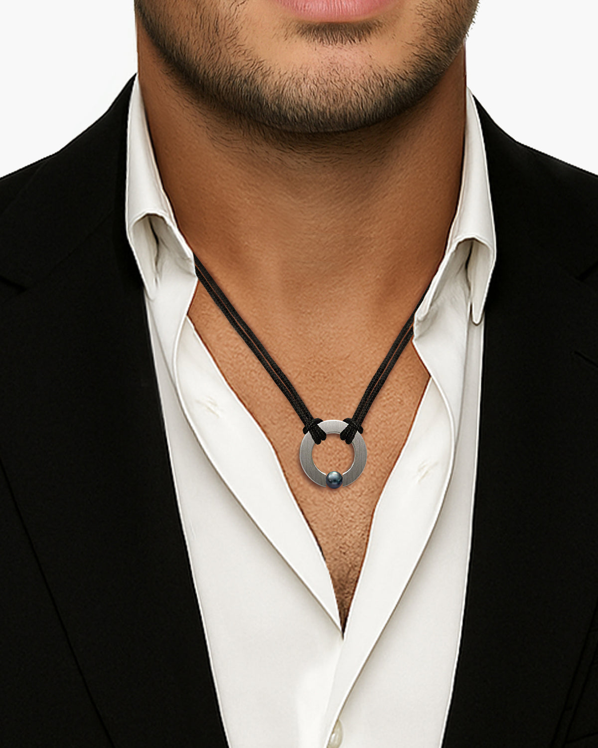taormina-abbracci-double-cord-necklace-stainless-steel-center-ring-tension-set-black-pearl-model-zoom